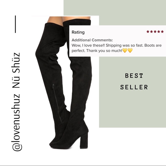 Elantra Thigh High Black Suede Block Heel Boots - Picture 2 of 7